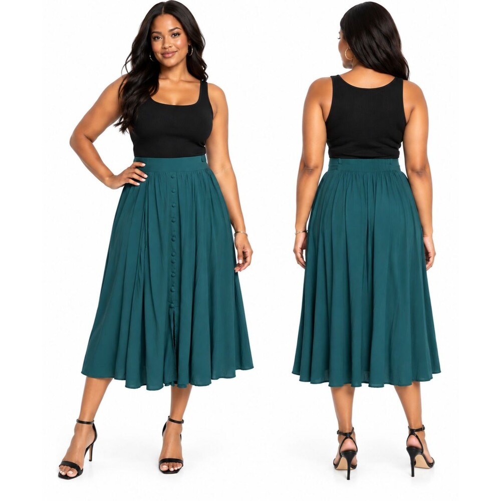 Torrid Women's Teal Button Front Midi Skirt Stretch Waist Flowy Size 0/12/Large